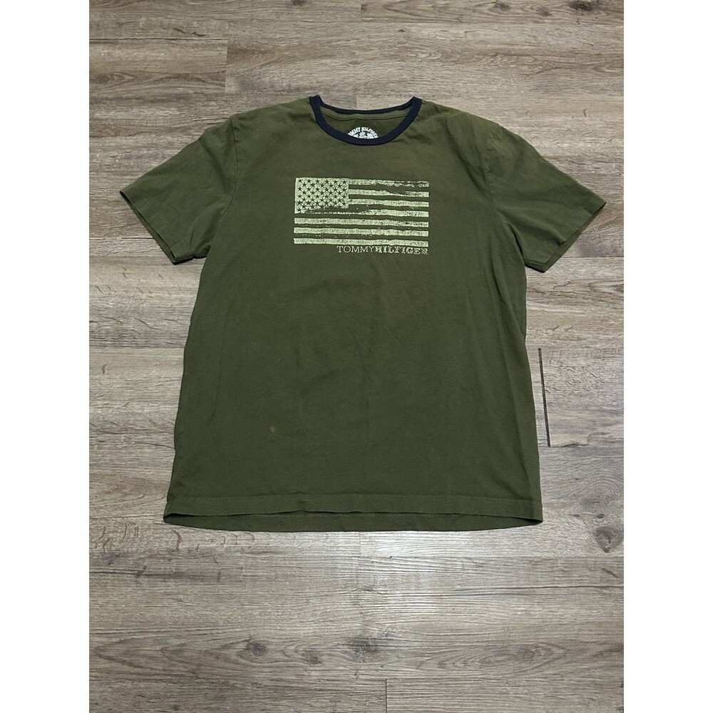 Tommy Hilfiger Shirt Mens L Green USA Flag Logo Y2K Tee‎
